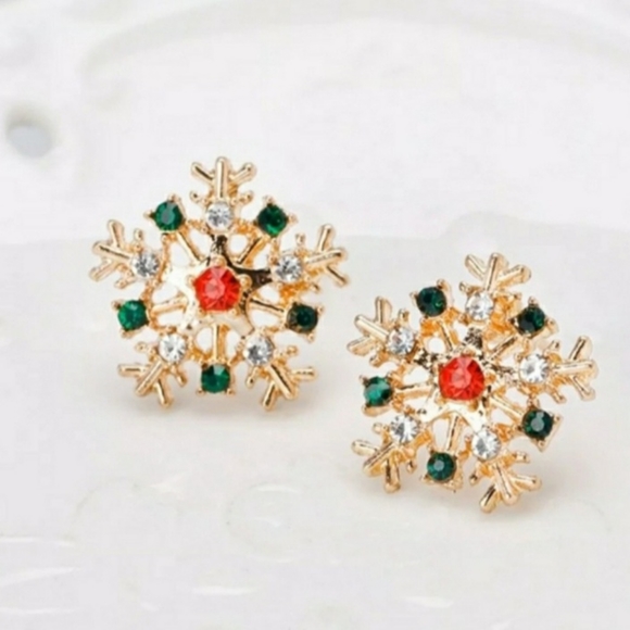 Gold Winter Holiday Rhinestone Snowflake Stud Earrings - Picture 6 of 8